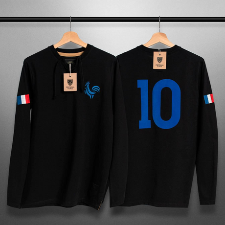 France Soccer-Inspired Retro with Laces Long Sleeve Shirt (Black)