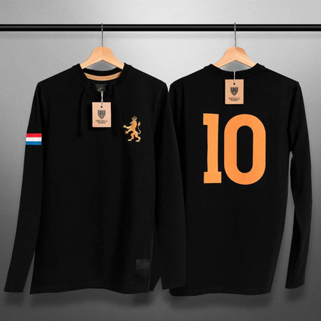 Netherlands Soccer-Inspired Retro with Laces Long Sleeve Shirt (Black)